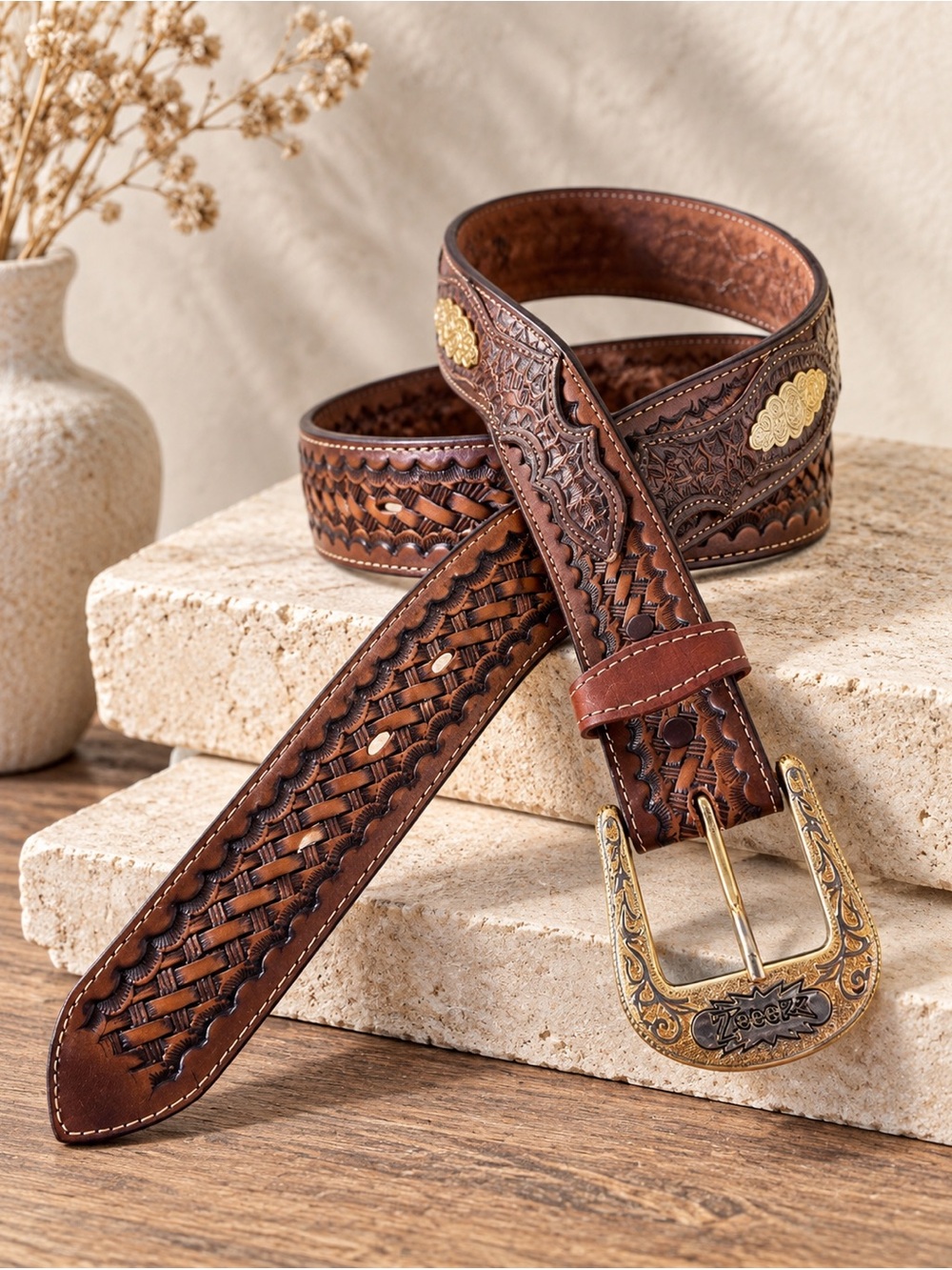 Vintage Nocona Western Tooled Leather Belt Gold Floral Conchos Engraved Buckle
